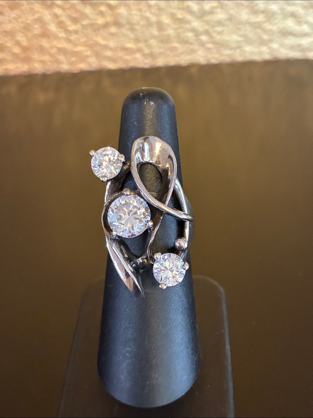 Vintage Sterling Silver Triple Cubic Zirconia Fancy Ring